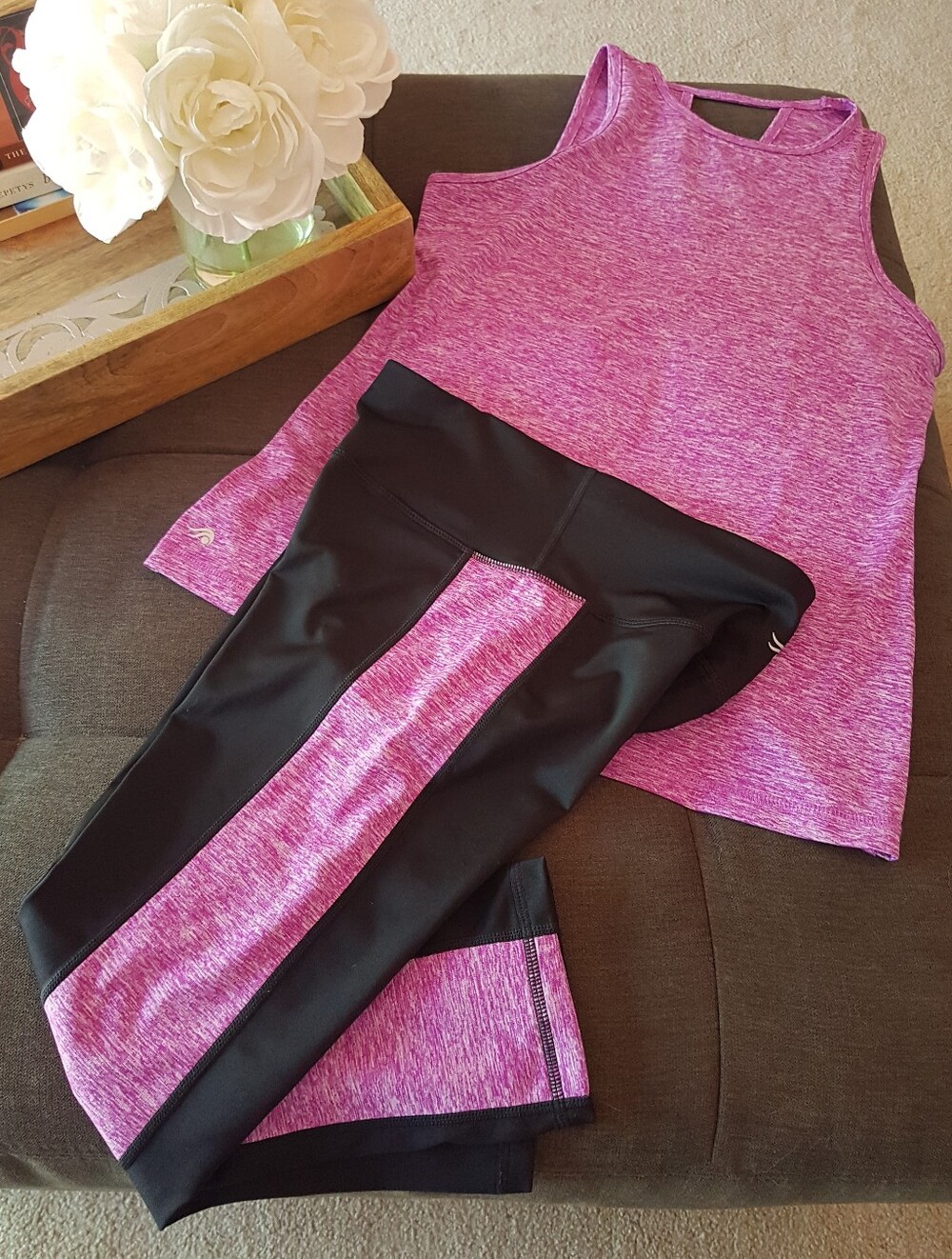 Ideology Colorblocked Cropped Leggings & Matching Tank Top SET Purple Cactus NEW